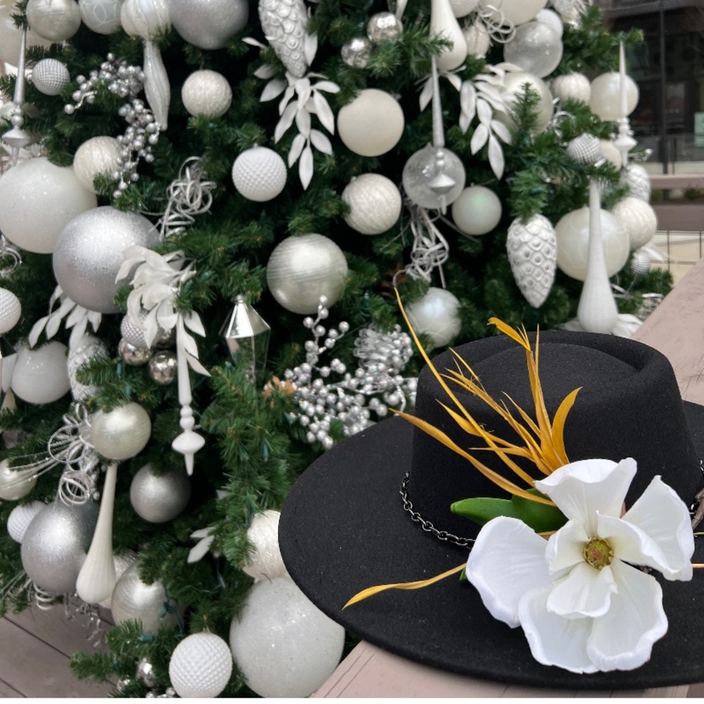 Black Fedora with magnolia details.